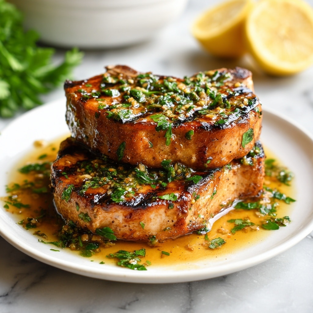 Three thick pork chops, grilled to a golden brown with a slight char, sit stacked on a white plate. Each chop is covered with a fresh green herb sauce made of finely chopped parsley and garlic, which glistens with olive oil and collects slightly around the base. The plate rests on a white marbled surface, and in the background, there is blurred parsley and a halved lemon adding a fresh touch. Photo taken with an iphone --ar 4:5 --v 7