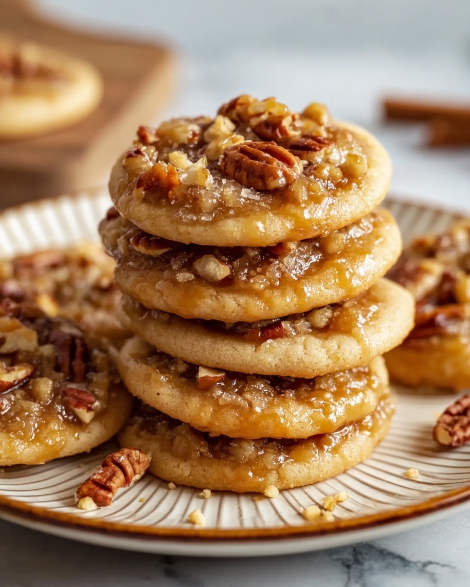 A stack of five soft, golden brown cookies sits on a white speckled round plate placed on a white marbled surface. Each cookie has a thick base with a slightly crinkled texture and a topping layer filled with glossy, sticky caramel-like filling embedded with whole toasted pecans, which are a rich reddish-brown color and arranged neatly on top. Two more pecans lie casually next to the plate. The background is softly blurred, highlighting the cookies in the center. Photo taken with an iphone --ar 4:5 --v 7