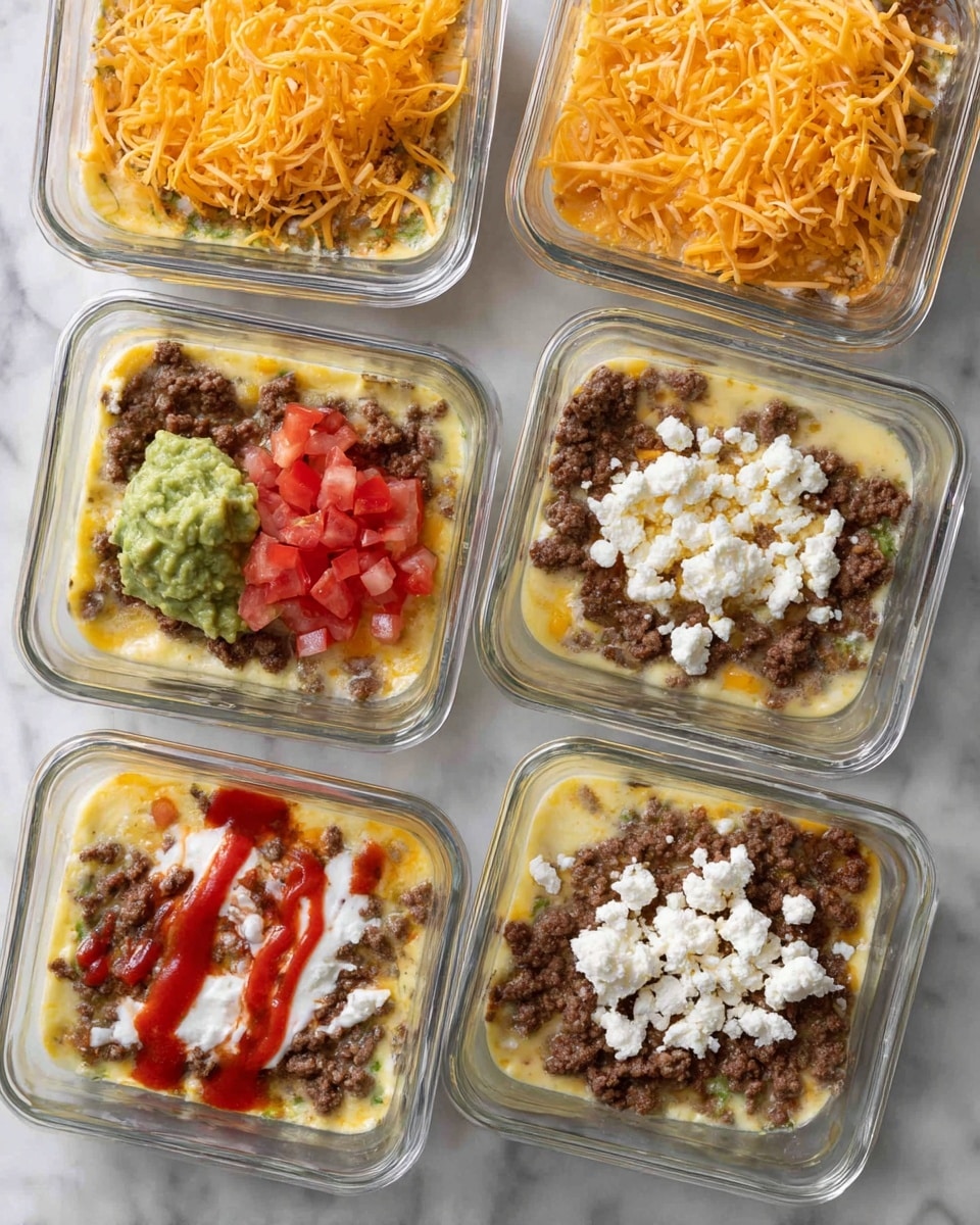 The image shows six glass rectangular containers filled with a layered dish placed on a white marbled surface. Each container has a base layer of cooked ground beef mixed in a creamy, yellowish egg mixture. On top, there are varied toppings: shredded orange cheddar cheese scattered on several containers, crumbled white cheese on two containers, bright red chopped tomatoes with a dollop of green guacamole on one container, and a drizzle of red sauce over crumbled white cheese on another. The textures range from soft and chunky ground beef to creamy cheese and smooth guacamole, creating a colorful and inviting appearance. photo taken with an iphone --ar 4:5 --v 7