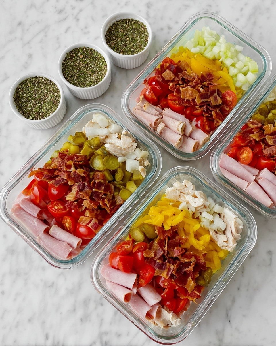 Four clear glass meal prep containers are arranged in a grid on a white marbled texture. Each container has five layers starting from the bottom with chopped pink and white deli meats, followed by a layer of red diced tomatoes. Above that is a layer of green cucumber slices, then a bright yellow layer of banana pepper rings. The top layer is made of crispy, dark brown bacon bits. To the left of the containers, there are four small white bowls filled with a green seasoning blend. photo taken with an iphone --ar 4:5 --v 7