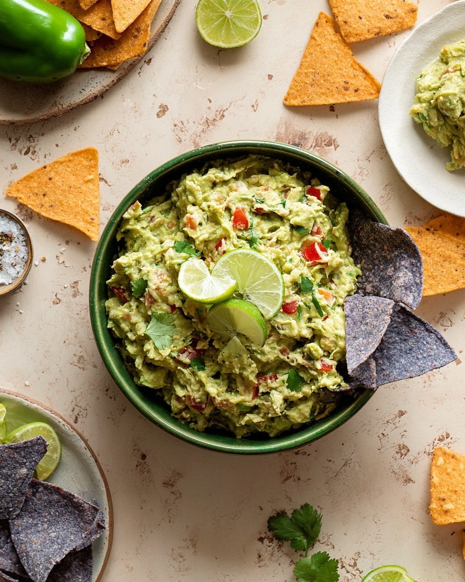 The image shows a green bowl filled with a chunky guacamole mix made of avocado, small pieces of red tomato, and green herbs, garnished with three lime wedges and fresh coriander leaves on top; two tortilla chips, one blue and one light beige, rest partially inside the guacamole on the right edge of the bowl; nearby are white plates with dollops of guacamole and mixed blue and light beige tortilla chips scattered around; lime halves, a salt container, a green pepper, and a single coriander leaf are also on the white marbled textured background around the bowl. Photo taken with an iphone --ar 4:5 --v 7