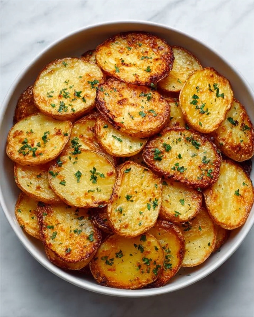 A round white bowl filled with golden brown potato slices cooked until crispy, evenly browned on both sides with slight charring, and sprinkled with small bits of fresh green parsley scattered on top. The potato slices are thin, showing a soft yellow texture inside with a crunchy outer layer. The bowl is placed on a white marbled surface. Photo taken with an iphone --ar 4:5 --v 7