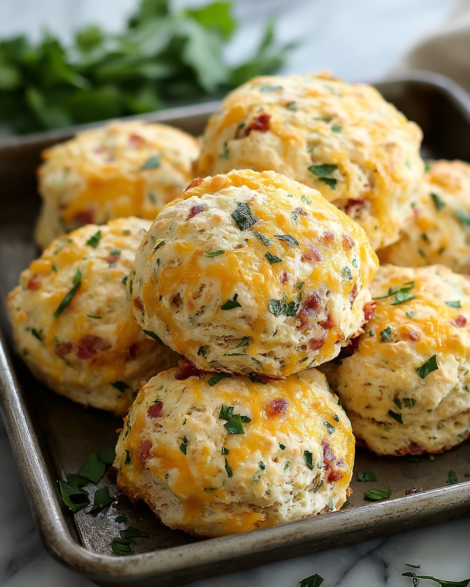 A metal baking tray filled with seven round, golden-brown biscuits stacked and closely placed together, each biscuit showing a textured surface with melted yellow cheese, small bits of red (likely ham or bacon), and green herbs scattered throughout. The biscuits appear soft and fluffy with a slightly crispy exterior. Small green herb pieces are also scattered on the tray, which is set against a blurred white marbled background with green leaves faintly visible in the upper left corner. photo taken with an iphone --ar 4:5 --v 7