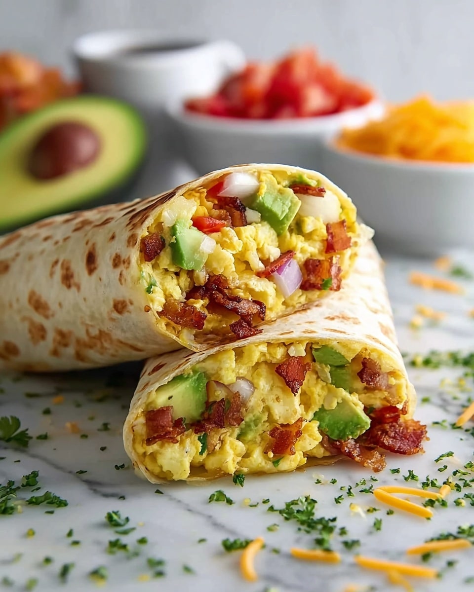 A large tortilla wrap with a light golden color and slight char marks covers a filling made of scrambled yellow eggs, bright green avocado slices, reddish-brown crispy bacon pieces, small chunks of white and translucent onions, and bits of red and orange bell peppers. The wrap is placed on a white marbled surface scattered with small green herb pieces and tiny bits of orange shredded cheese. In the background are blurry white bowls filled with diced reddish tomatoes and shredded orange cheese. Half an avocado with a green skin and brown seed is partly visible on the left side. photo taken with an iphone --ar 4:5 --v 7