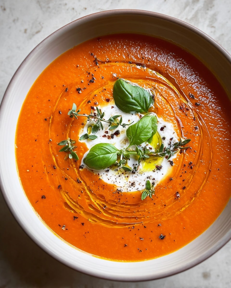 A bowl filled with smooth, bright orange soup that has a thick texture. The top layer shows a swirl of white cream in the center, surrounded by a drizzle of golden oil spread in circular patterns. Fresh green basil leaves and small thyme sprigs sit on the cream, adding a natural touch. Tiny bits of black pepper are sprinkled all over the soup, creating contrast on the vibrant surface. The bowl is white and placed on a white marbled textured surface. photo taken with an iphone --ar 4:5 --v 7