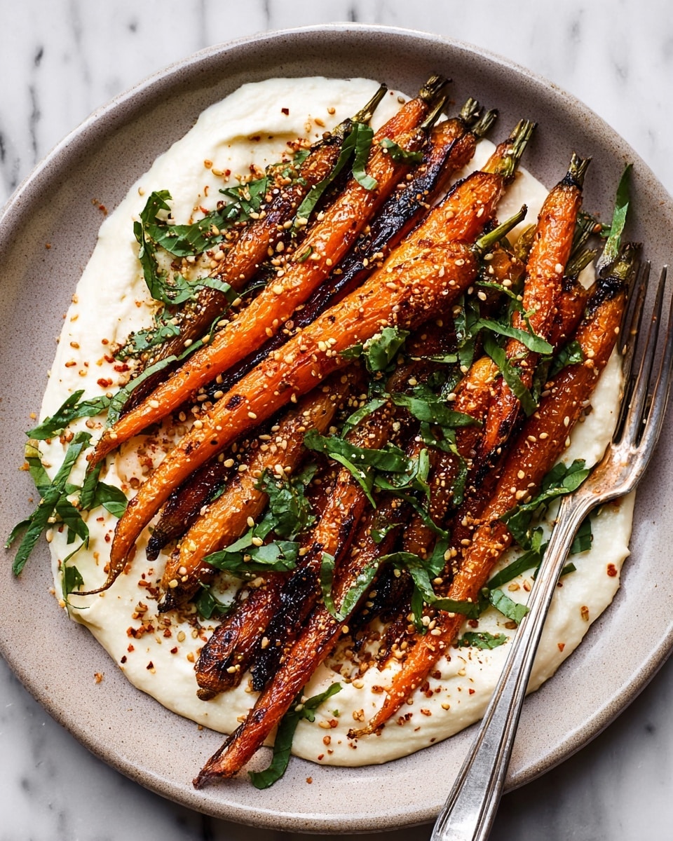 The dish shows a round white plate on a white marbled surface filled with roasted carrots arranged in a slightly overlapping layer. The carrots are golden-brown with charred spots and a glossy texture, sprinkled with small white sesame seeds and spice flakes. Beneath the carrots, there is a thick layer of creamy white sauce spread evenly across the plate. Fresh green carrot leaves are scattered on top and around the carrots, adding a pop of color. A silver fork rests on the right side of the plate, partially under the carrots. photo taken with an iphone --ar 4:5 --v 7