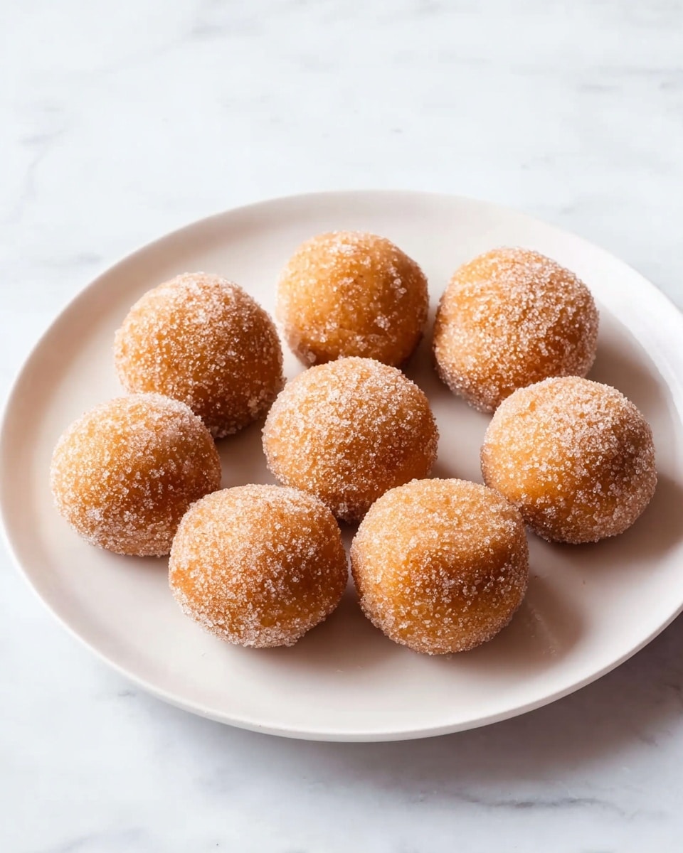 Nine round doughnut holes are arranged in a circle on a white plate, each coated evenly with a layer of granulated sugar that gives them a sparkling texture. The doughnut holes have a golden brown color and a slightly rough surface due to the sugar crystals. The plate sits on a white marbled textured surface, giving a clean and bright background to the image. The photo captures a soft natural light, emphasizing the sugar's sparkle and the doughnuts' warm tones. photo taken with an iphone --ar 4:5 --v 7