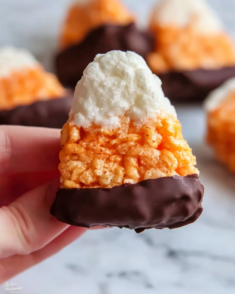 A close-up of a candy shaped like a candy corn, held by a woman's hand. The candy has three visible layers: the top layer is white with a fluffy, slightly textured look resembling marshmallow; the middle layer is bright orange with a shiny, crunchy rice crispy texture; the bottom layer is coated in a smooth, glossy dark chocolate, forming a thick base. The candy appears thick and slightly irregular in shape. In the background, out of focus, more pieces of the same candy sit on a white marbled surface. Photo taken with an iphone --ar 4:5 --v 7