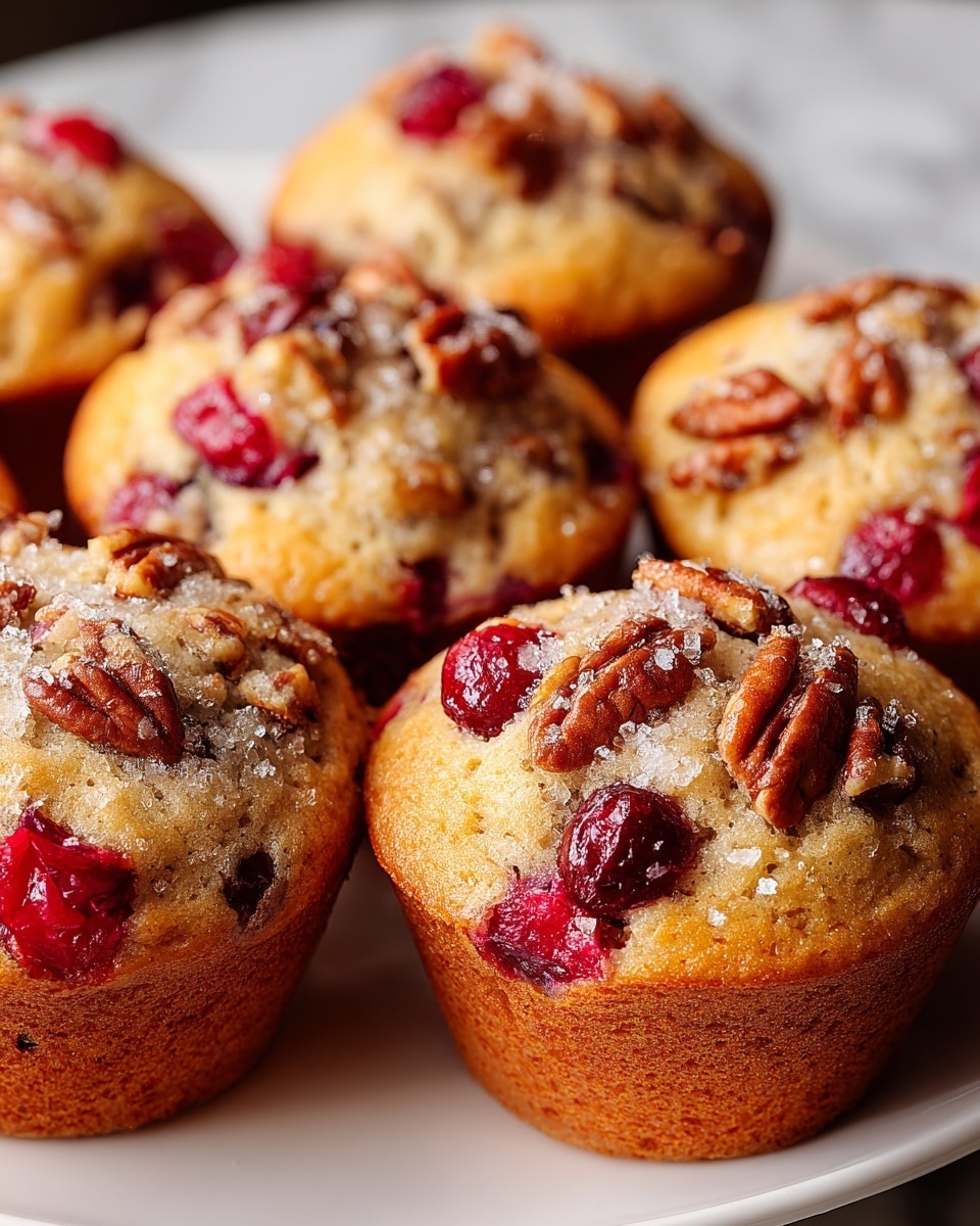 A close-up view of several golden brown muffins arranged on a white plate, each muffin topped with bright red cranberries and small, glossy pecan pieces. The muffin tops are slightly rounded and have a soft, moist texture with a slightly crumbly surface, sprinkled lightly with granulated sugar that glistens in the light. The berries and nuts are embedded in the muffin tops unevenly, creating a natural, rustic look. The background shows only a smooth, white marbled texture with soft lighting highlighting the warm tones of the baked muffins. photo taken with an iphone --ar 4:5 --v 7
