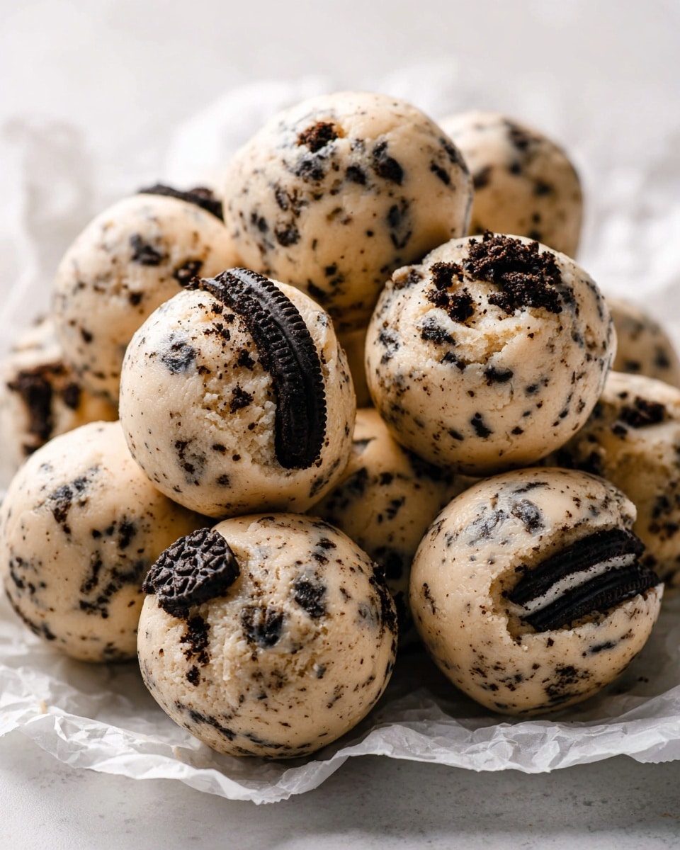 A close-up of a cluster of cream cheese Oreo protein balls, each roughly spherical with a smooth, pale beige outer layer mixed with small, irregular black Oreo cookie pieces embedded throughout. Some balls prominently feature larger Oreo cookie chunks partially exposed on the surface, showing the dark, crumbly texture of the cookies contrasted against the creamy dough-like beige base. The balls sit closely packed on crumpled white parchment paper, all on a white marbled background, giving a clean and bright look to the scene. photo taken with an iphone --ar 4:5 --v 7