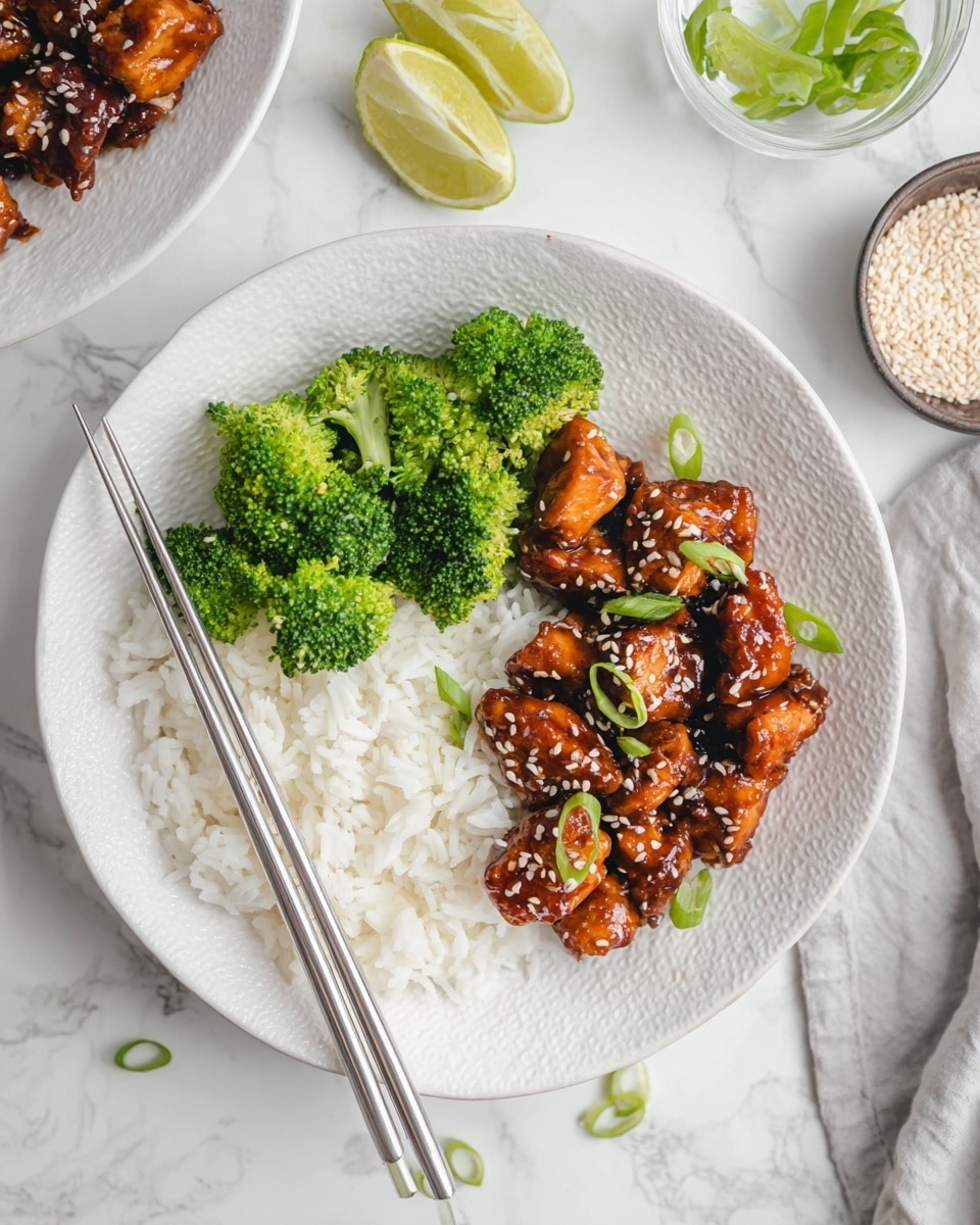 A white bowl contains three distinct layers: the bottom layer is soft, white steamed rice with a fluffy texture; on one side, bright green steamed broccoli florets sit with a fresh, slightly textured surface; on top, glossy, caramel-colored chunks of chicken coated in a sticky sauce are scattered, sprinkled with white sesame seeds and garnished with sliced green onions. Black chopsticks rest on the edge of the bowl, with a few more pieces of glazed chicken visible blurred on a white plate in the background, all set on a white marbled surface. photo taken with an iphone --ar 4:5 --v 7