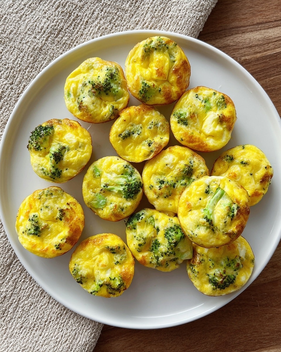 A white plate holds fifteen small egg muffins arranged in a loose circle with some overlapping. Each muffin has two main layers: a golden yellow cooked egg base with soft texture, and small, scattered pieces of green broccoli visible throughout the muffins, adding a speckled green pattern. Some muffins show slight browning on the edges, indicating they are baked. The plate rests on a wooden surface with a beige textured cloth partially visible on the upper left side. photo taken with an iphone --ar 4:5 --v 7