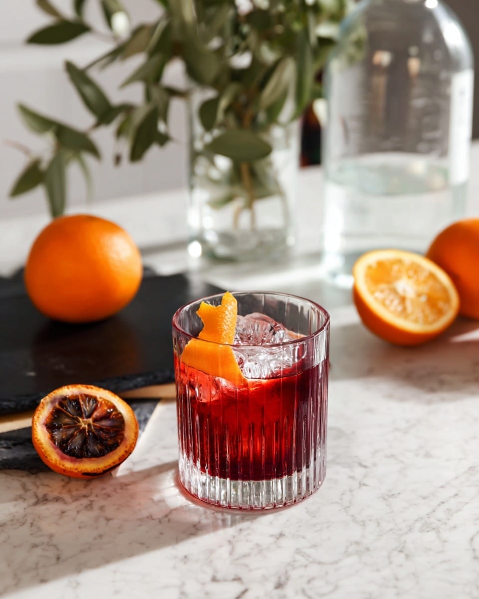 A clear glass with vertical ridges holds a dark red drink filled halfway with ice cubes, topped with a twist of bright orange peel resting on the rim. The glass sits on a white marbled surface, surrounded by fresh oranges: a whole bright orange fruit, one orange cut in half showing its juicy interior, and a halved burnt orange with its dark, charred inside facing up on a black shiny surface. In the background, there is a clear bottle and a glass jar filled with water and green leafy branches, adding a fresh decorative touch. Photo taken with an iphone --ar 4:5 --v 7