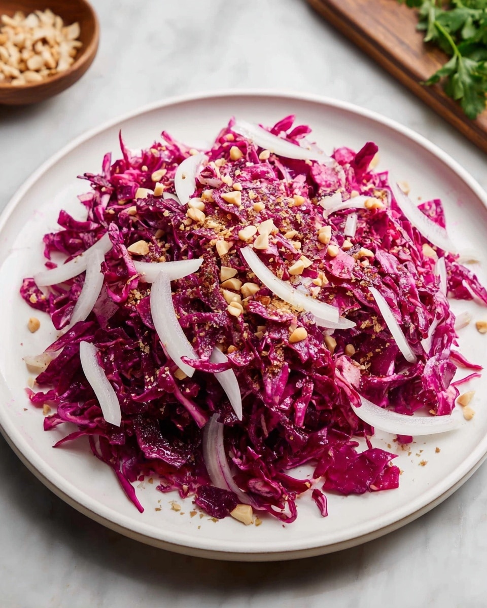 A white plate holds a fresh salad made mainly of shredded deep pink and purple cabbage, forming the thick base layer. Thin slices of white onion are scattered evenly across the top, adding thin white streaks on the vibrant cabbage. Light brown chopped nuts and seeds are sprinkled over the salad as the final layer, giving it a crunchy texture. The plate is set on a white marbled surface that adds a clean and bright look to the simple, fresh dish. photo taken with an iphone --ar 4:5 --v 7