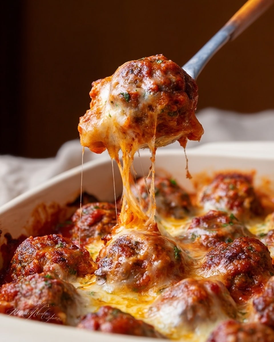 A serving spoon holds a cheesy baked meatball above a white ceramic dish filled with many more meatballs. Each meatball is topped with a thick layer of golden, slightly browned melted cheese with a gooey, stringy texture stretching down to the dish. The meatballs are packed tightly together in a rich, bubbly tomato sauce that is visible beneath the cheese. The dish sits against a soft, warm brown background. photo taken with an iphone --ar 4:5 --v 7