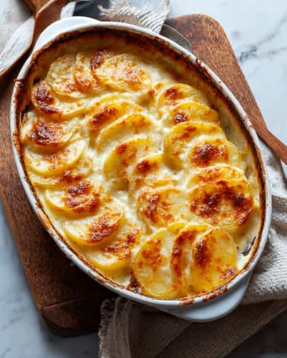 A white oval baking dish filled with golden baked potatoes in creamy sauce, arranged in overlapping layers. The top layer shows slices of potato covered with melted cheese that is browned in spots, creating a crispy texture. The dish is placed on a wooden board next to a white cloth with subtle texture, all set on a white marbled surface. The warm colors of the baked dish contrast with the clean, light background. Photo taken with an iphone --ar 4:5 --v 7