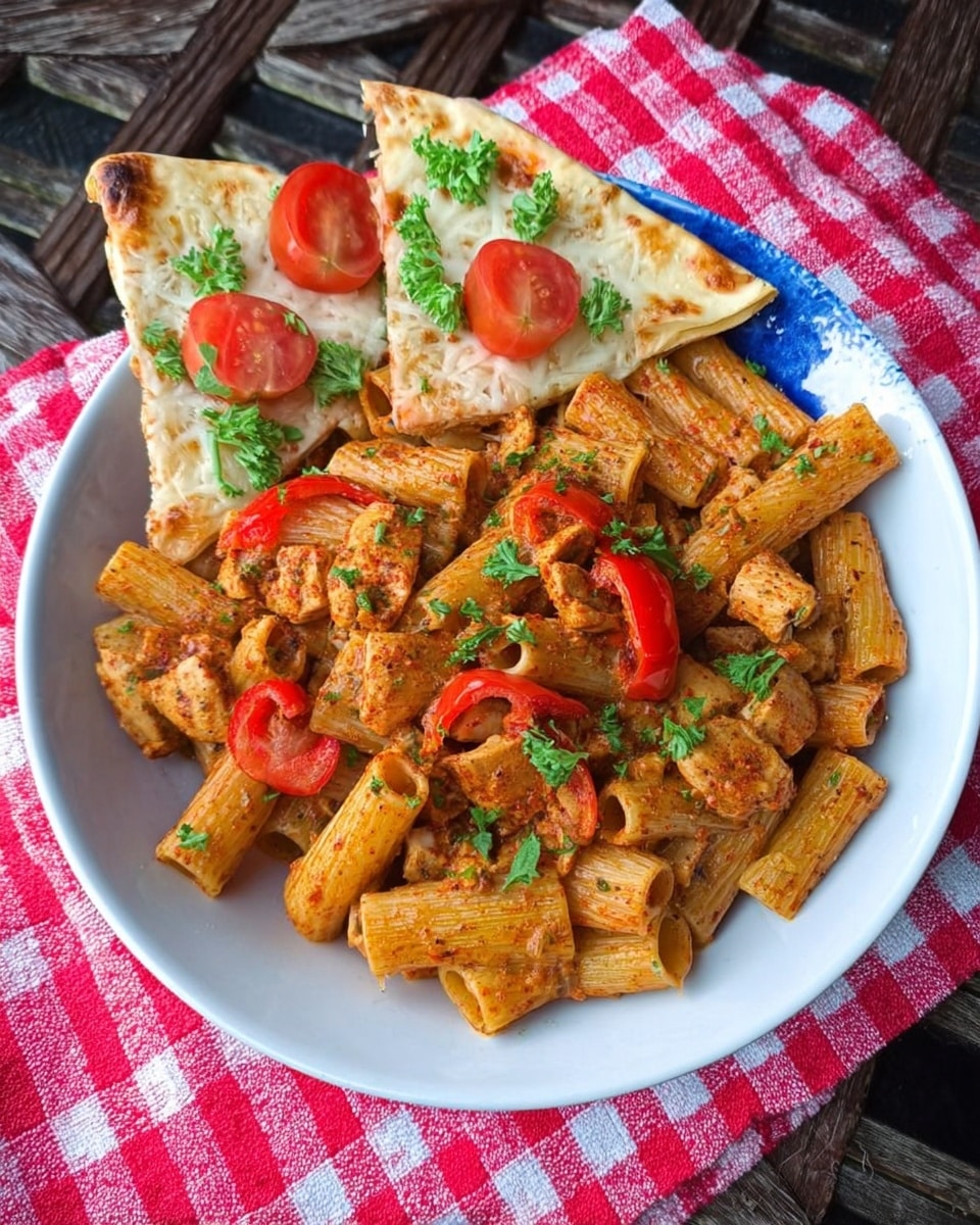 A white plate holds a dish with three main parts: on the left are two flat pieces of flatbread, topped with melted white cheese, red cherry tomato slices, and small green herb leaves, arranged in a triangular shape. The right side is filled with thick, short tube pasta that is a light brown color, mixed with pieces of cooked chicken seasoned with reddish spices and small chunks of red bell pepper, garnished with green herbs. The plate rests on a red and white checkered cloth, all placed on a white marbled surface. Photo taken with an iphone --ar 4:5 --v 7