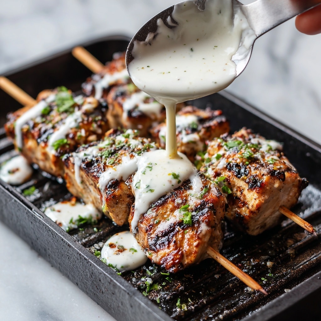 The image shows three grilled chicken skewers being drizzled with creamy white sauce. The chicken pieces have dark brown grill marks and a slightly charred texture. The sauce flows smoothly over the top, creating a shiny contrast on the warm chicken. Small green herbs are sprinkled lightly on the sauce, adding a touch of color. The skewers rest on a black grill surface, which has some grease and charred bits visible. A woman's hand holds a utensil pouring the sauce over the chicken. The background is a white marbled texture. photo taken with an iphone --ar 4:5 --v 7