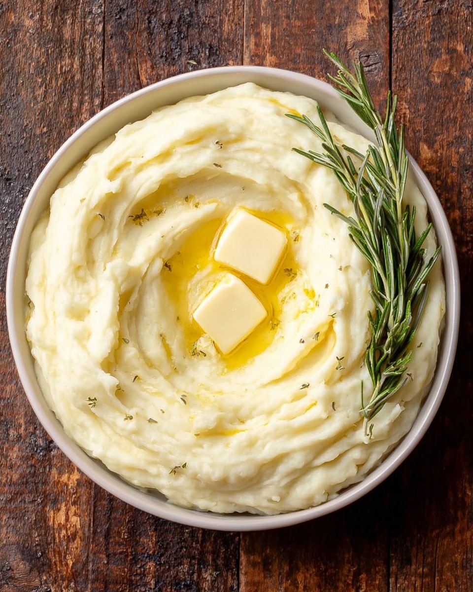 A round white bowl filled with a thick layer of creamy mashed potatoes, pale yellow in color, with a smooth but slightly textured surface showing soft peaks and swirls. On top, near the center, sits a small square pat of butter beginning to melt, adding a glossy touch. The bowl is placed on a white plate, which rests on a beige linen cloth atop a white marbled surface. photo taken with an iphone --ar 4:5 --v 7