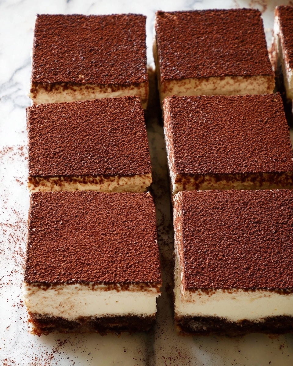 The image shows six square pieces of tiramisu arranged in two rows on a white marbled surface. Each piece has three visible layers: the bottom layer is dark brown and looks like soaked cake, the middle layer is creamy white and smooth, and the top layer is a thick dusting of cocoa powder with a slightly rough texture. The edges of the pieces are clean and the cocoa powder is evenly spread on the top, giving a rich brown color contrast to the creamy middle layer underneath. Some cocoa powder is scattered lightly around the tiramisu on the white marbled surface. photo taken with an iphone --ar 4:5 --v 7