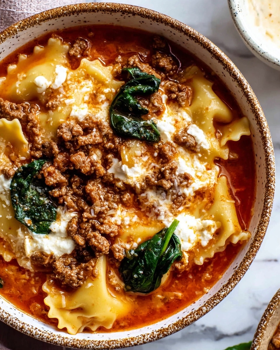 A close-up view of a bowl of lasagna soup with three main layers: the bottom layer shows wide, yellow lasagna noodles with ruffled edges submerged in a rich, reddish-orange tomato broth; the middle layer consists of cooked ground beef crumbles scattered evenly across the soup; the top layer has creamy white melted cheese dollops and dark green spinach leaves resting on the meat and noodles. The bowl is white with a speckled brown rim set on a white marbled surface, and a small part of a white bowl with a creamy sauce appears in the top right background. Photo taken with an iphone --ar 4:5 --v 7
