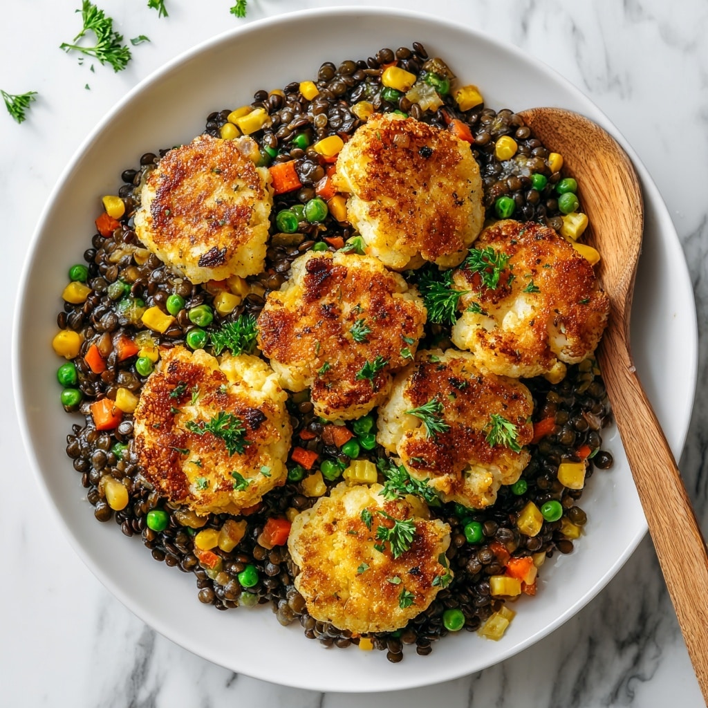 The image shows a close-up of a layered baked dish in a white casserole dish on a white marbled surface. The bottom layer contains a mix of cooked ground meat, lentils, green peas, corn kernels, and diced carrots, all in a brownish sauce with a moist texture. The top layer is made of golden-brown tater tots sprinkled with melted shredded cheddar cheese and small pieces of chopped green herbs scattered over. The layers are clearly visible with a contrast between the colorful vegetable mix below and the crispy, cheesy tater tots above. Photo taken with an iphone --ar 4:5 --v 7