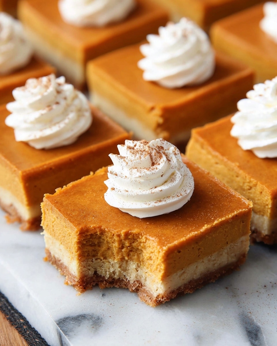 The image shows several square pieces of pumpkin cheesecake bars arranged closely together on a white marbled surface. Each bar has three visible layers: a slightly crumbly beige crust at the bottom, a thick smooth orange pumpkin cheesecake layer in the middle, and a small dollop of white whipped cream on top, each sprinkled lightly with cinnamon. The bars look moist and soft, with clean edges but one piece slightly pulled out, showing the creamy texture. Photo taken with an iphone --ar 4:5 --v 7