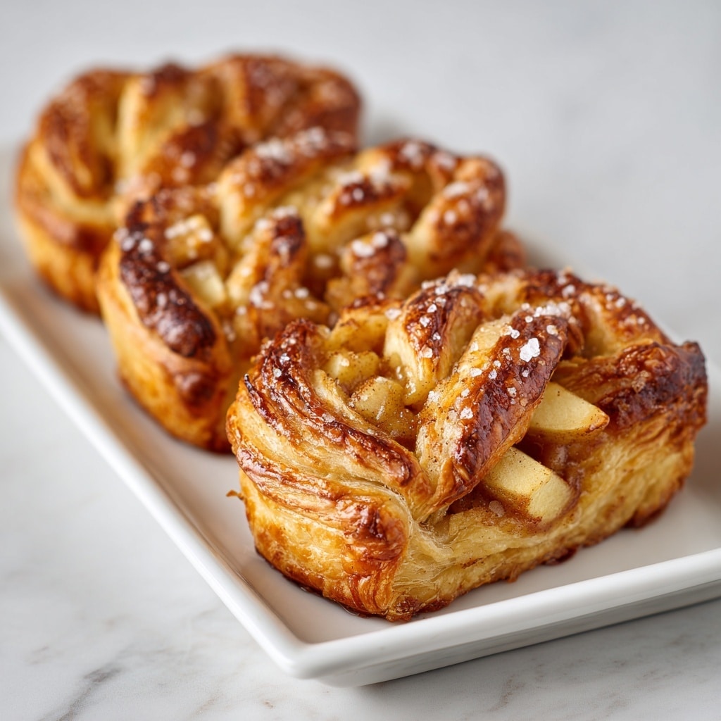 The image shows three apple puff pastries placed on a white rectangular plate, set on a white marbled surface. Each pastry consists of multiple layers of golden-brown, flaky puff pastry, braided on the top to reveal chunks of soft, cooked apple pieces dusted lightly with cinnamon inside. The top of the pastries has a slightly shiny, sugar-crusted texture, creating a sparkling effect. The braids are neatly arranged, and the pastries have a soft, slightly puffed look with visible layers of crisp dough. The photo focuses on the closest pastry, making the other two appear softly blurred in the background. Photo taken with an iphone --ar 4:5 --v 7