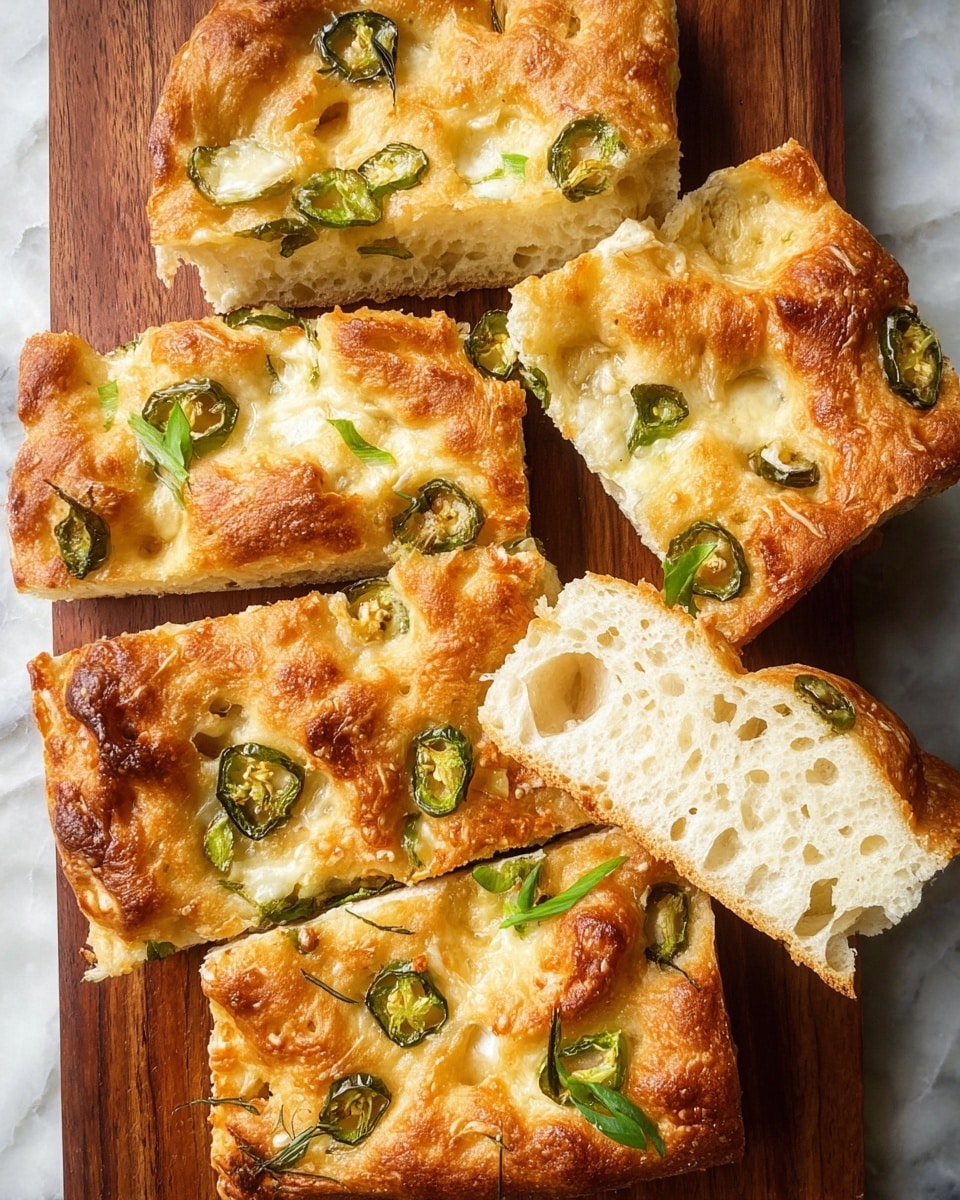 This image shows six thick slices of golden-brown focaccia bread arranged on a wooden surface replaced with a white marbled texture. The focaccia has a rough, uneven top layer with small dents filled with melted cheese giving a bubbly texture and creamy off-white color. Scattered throughout the top are slices of green jalapeño peppers and chopped green onions adding pops of vibrant green color. One slice is positioned slightly on top of another showing the soft, airy, pale inside with many holes. The crust has a light, crispy look with a mix of golden and toasted brown shades. photo taken with an iphone --ar 4:5 --v 7