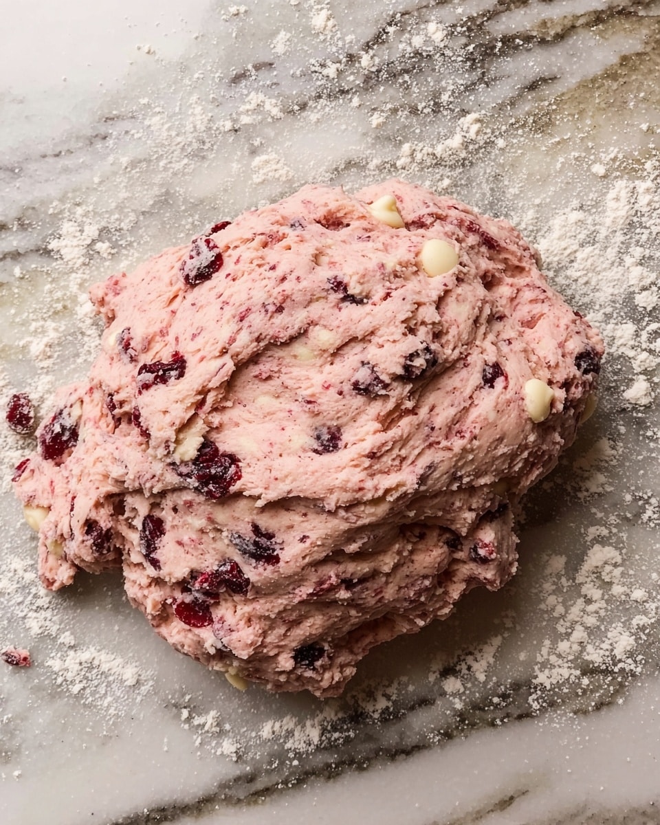 A rough, sticky dough with a pinkish hue rests on a white marbled surface sprinkled with scattered flour. The dough itself is thick and chunky, showing visible bits of dark red dried cranberries and pale white chocolate chips mixed throughout, creating a textured and colorful contrast. The uneven mound of dough has some folds and creases, indicating it is freshly mixed and ready to be shaped. Photo taken with an iphone --ar 4:5 --v 7
