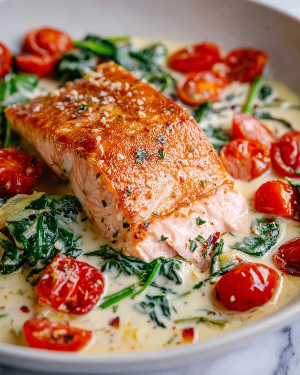 A thick piece of cooked salmon with a golden brown crispy top layer sits on a white plate, cut to show the light pink, soft inside layer beneath. Surrounding the salmon is a creamy, white sauce with green spinach leaves and whole, glossy red cherry tomatoes, some slightly split open. The sauce has a smooth texture with small bits of herbs and garlic mixed in, spread evenly around the fish. The white plate rests on a white marbled surface. Photo taken with an iphone --ar 4:5 --v 7