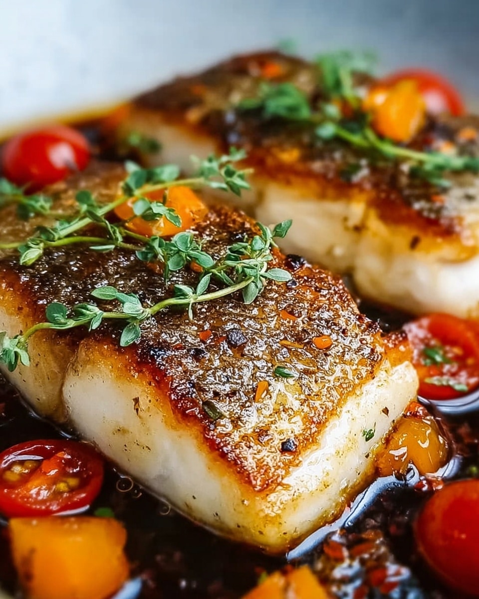 A close-up of two thick fillets of golden brown grilled fish with a crispy, slightly charred skin on top, sitting in a shallow pool of glossy dark sauce. Small, bright red cherry tomatoes and tiny orange diced vegetables are scattered around the fish. Fresh green sprigs of herbs rest on top, adding a touch of color and freshness. The fish flesh underneath is white and flaky. The whole scene is set against a white marbled texture. photo taken with an iphone --ar 4:5 --v 7