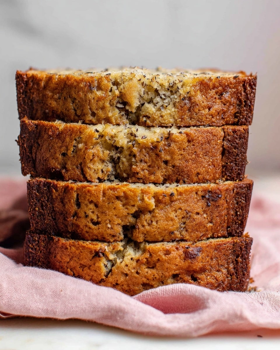 A close-up image of four thick slices of banana bread stacked on top of each other, showing a moist and dense texture with small holes and dark specks throughout the golden-brown crust and lighter interior. The bread rests on a light pink cloth, all placed on a white marbled surface, giving a cozy and fresh look. photo taken with an iphone --ar 4:5 --v 7