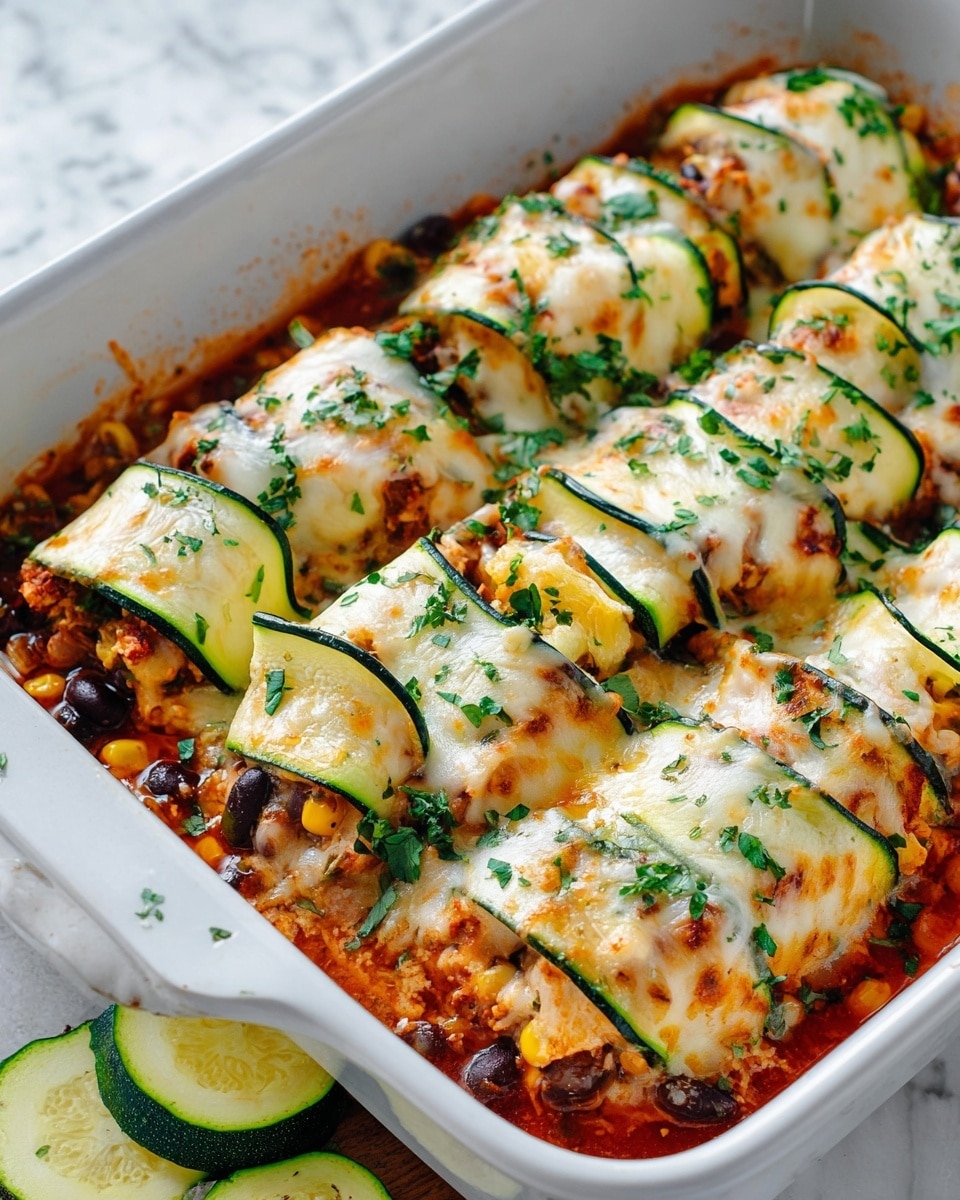The image shows a three-step process of making stuffed zucchini rolls. In the first part, inside a large silver metal bowl on a white marbled surface, shredded chicken, black beans, corn kernels, and red sauce are layered separately but close together, ready to be mixed. Thin, long, pale green zucchini slices with darker green edges lie next to the bowl. The second part shows two zucchini slices laid flat on a wooden cutting board with a scoop of the mixed chicken, corn, beans, and sauce filling placed near the bottom end of the slices. The last part presents a single zucchini roll made by wrapping the filled slices, sealed tightly with the filling peeking out from one open end, sitting on the same wooden board. Some filling pieces have fallen beside it. Photo taken with an iphone --ar 4:5 --v 7