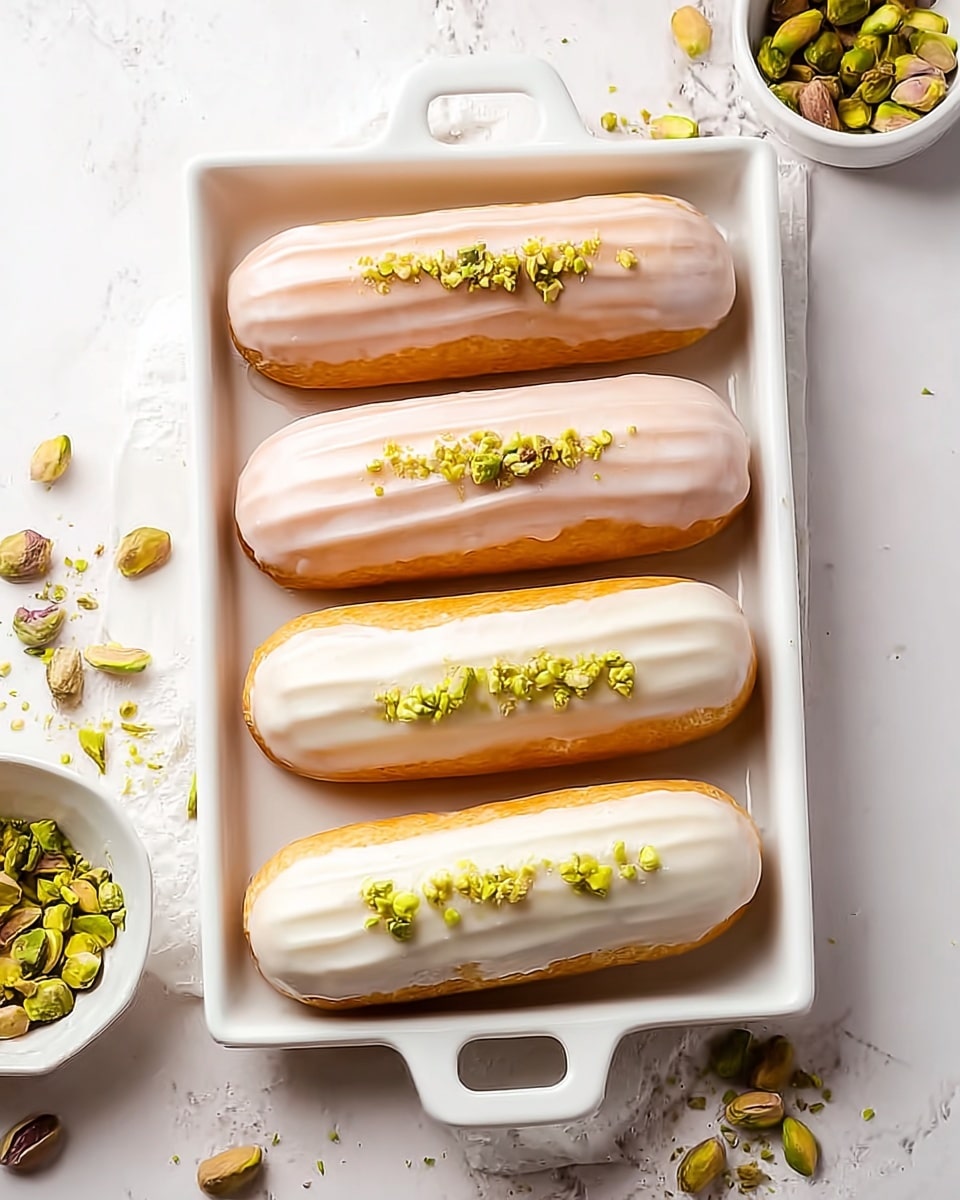 The image shows four éclairs arranged in a white rectangular tray with a cutout handle. Each éclair has a smooth, shiny glaze on top—two of them are covered with a light pink glaze that has subtle ridges, and the other two have a white, smooth glaze. All four éclairs are topped with small pieces of crushed green pistachios, adding a textured look on top. The éclairs rest on a white marbled surface, where some additional crushed pistachios are scattered around. To the left of the tray, there is a small white bowl filled with more chopped pistachios. The overall feel is clean and bright with a focus on the light colors of the pastries and the green nut pieces. photo taken with an iphone --ar 4:5 --v 7