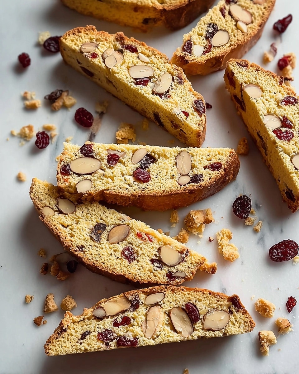 Several slices of biscotti are arranged neatly on a white marbled surface. Each biscotti slice is light golden brown with a rough, crunchy texture, embedded with whole and halved almonds which are a creamy tan color, and scattered dark red dried cranberries. Crumbs and small pieces of biscotti are spread around the slices, adding a sense of freshness and crunchiness. The biscotti pieces are placed at different angles, showing their almond and cranberry studded interiors clearly. Photo taken with an iphone --ar 4:5 --v 7