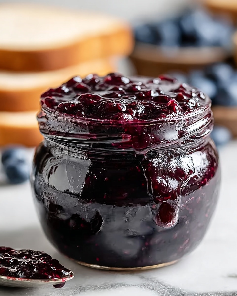 A small glass jar is filled to the top with thick, dark purple jam that has a shiny, slightly chunky texture. The jar sits on a white marbled surface, with the jam oozing slightly over the jar's edge and the metal lid resting tightly around the top. The background is softly blurred, showing hints of blue berries and beige toasted bread. Photo taken with an iphone --ar 4:5 --v 7
