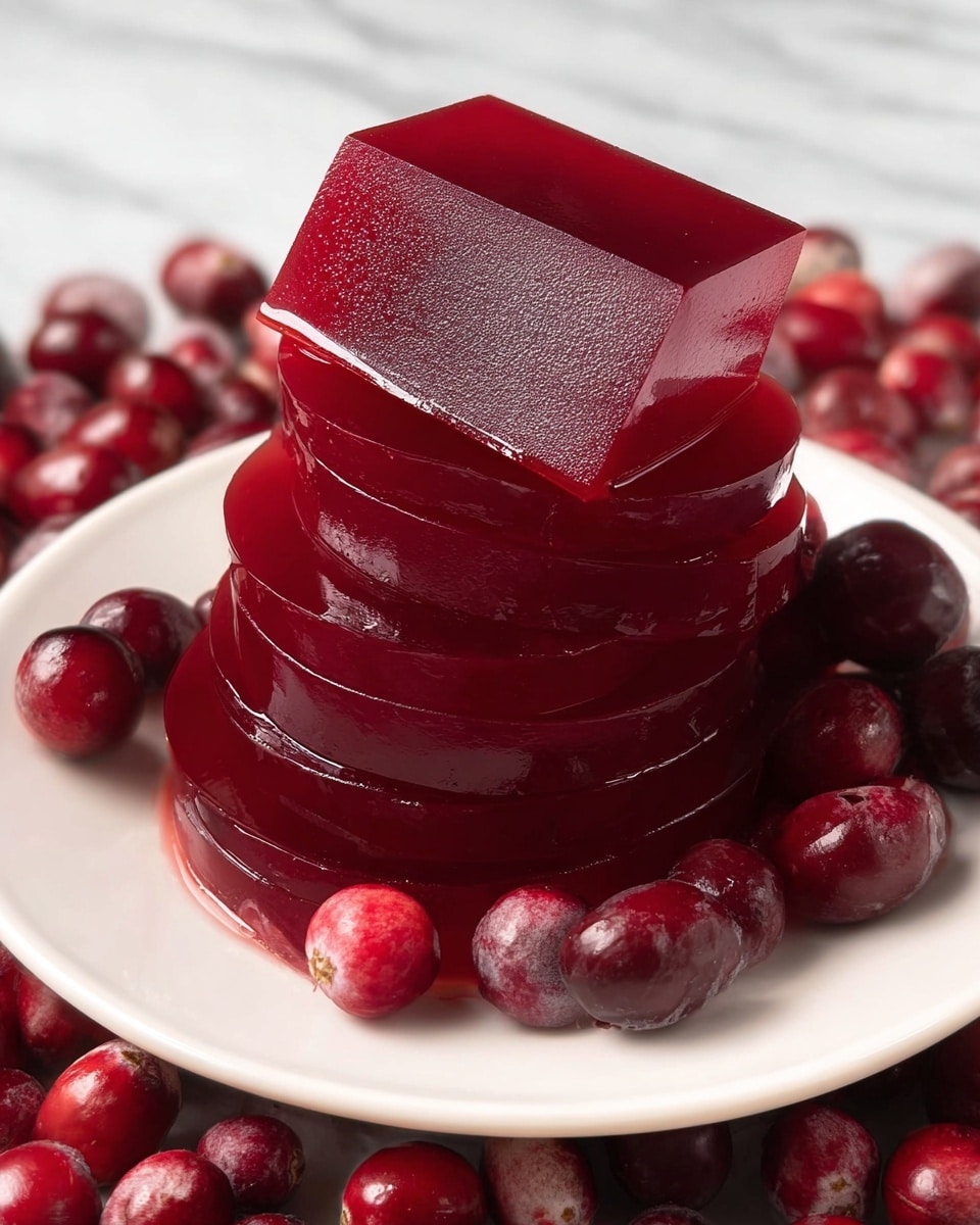 A stack of nine thick, glossy, deep red jelly slices sits on a white plate with a smooth, reflective surface. The slices are neatly arranged, slightly angled, with the top slice partially tilted back, revealing the smooth texture inside. The jelly's surface is shiny and translucent, showcasing its gel-like consistency. Surrounding the plate is a scattered layer of fresh raw cranberries, adding a rich red contrast to the scene. The entire setting rests on a white marbled textured surface. photo taken with an iphone --ar 4:5 --v 7