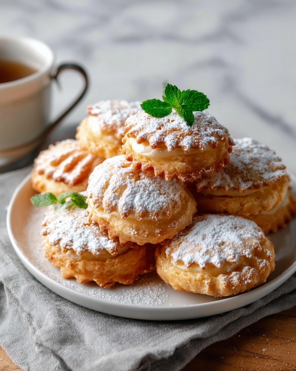 A white plate is filled with a stack of seven small, round pastries with scalloped edges. Each pastry has a light golden-brown color and is dusted with white powdered sugar on top. The pastries are arranged in layers, with four on the bottom, two in the middle, and one on top. On the top pastry, there is a small green leaf placed as a garnish. The plate sits on a light gray cloth, and the background has a white marbled texture. photo taken with an iphone --ar 4:5 --v 7