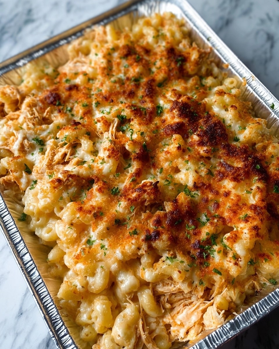 This image shows a close-up view of a rich macaroni and cheese dish served in a black cast iron skillet. The dish has two main layers: a creamy, pale yellow cheese sauce coating curly macaroni pasta forming the base layer, and on top, a generous amount of shredded, slightly orange chicken mixed with melted cheese creating a textured, inviting layer. The top is drizzled with a light white sauce and sprinkled with tiny pieces of fresh green herbs for contrast. A blue spoon is scooping up a hearty portion of the pasta, cheese, and chicken mix, showing the dish’s gooey and cheesy texture against a white marbled background. Photo taken with an iphone --ar 4:5 --v 7
