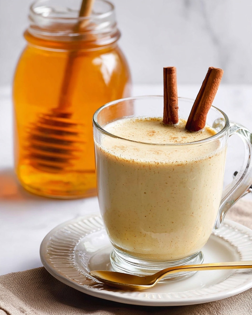 A clear glass mug filled with a creamy light beige drink with tiny specks visible in the liquid, topped with two cinnamon sticks standing upright in the center. The mug sits on a white plate with a subtle decorative edge, accompanied by a shiny gold spoon resting on the plate. In the background, there is a large glass jar of golden honey with a honey dipper inside, set against a white marbled surface. The overall look is warm and inviting, with soft lighting highlighting the textures of the drink, cinnamon sticks, and honey. photo taken with an iphone --ar 4:5 --v 7