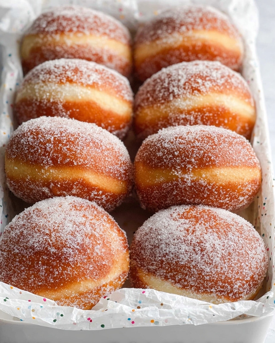 A group of round, golden brown doughnuts is placed closely together in two neat rows inside a white baking dish lined with white paper that has small colorful dots. Each doughnut is covered evenly with a layer of white sugar granules giving them a sparkling texture. The doughnuts have a soft, fluffy look with a slightly darker crust around their edges, showing a contrast between the light golden sides and the sugar coating. The white marbled surface beneath the dish adds a clean and bright background to the image. Photo taken with an iphone --ar 4:5 --v 7