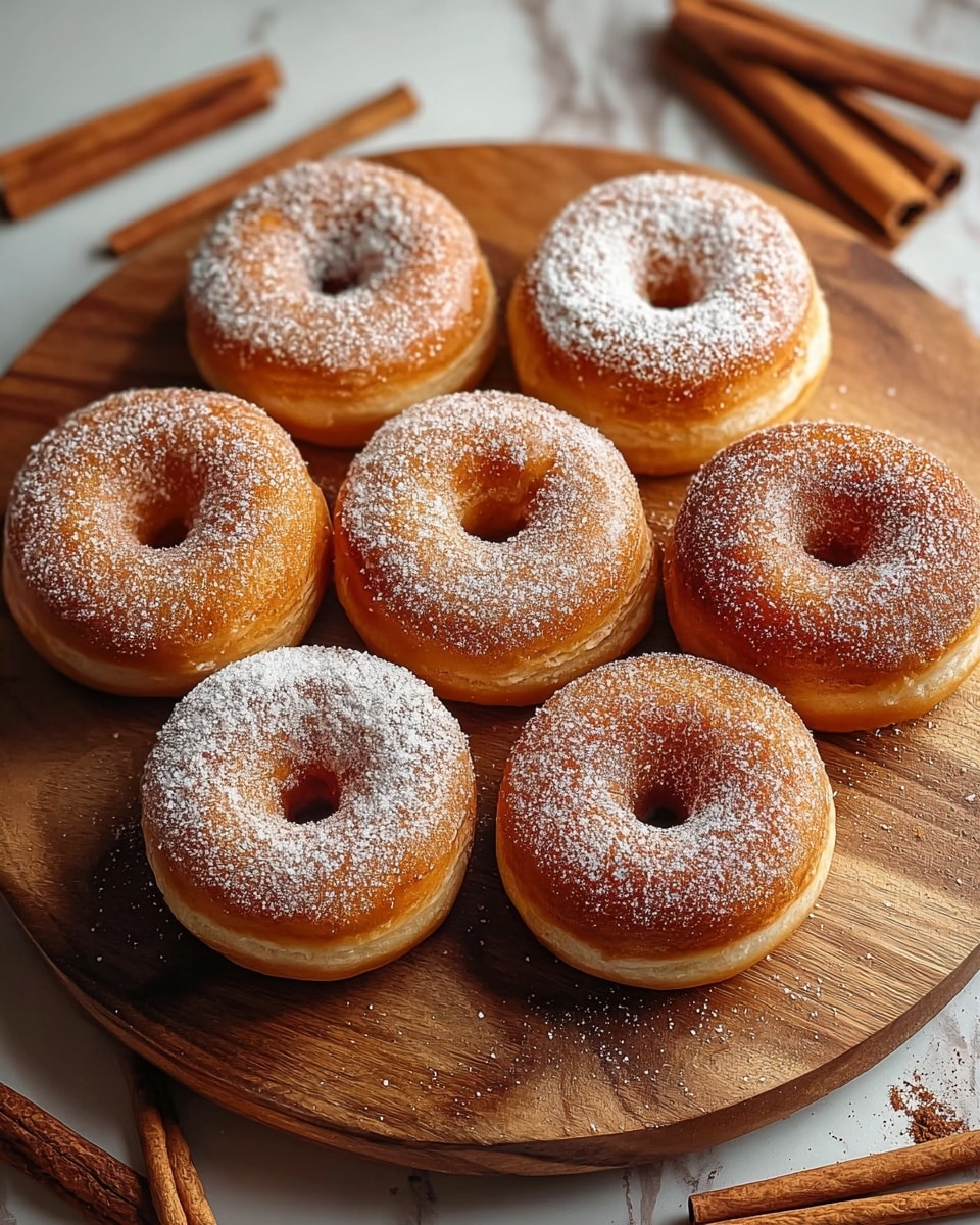 Seven round donuts are arranged closely on a round wooden cutting board. Each donut is golden brown with a slightly crispy texture and a light dusting of white powdered sugar on top, giving a soft contrast to their warm color. The donuts have a visible middle hole and show their soft, fluffy interior around the edges. Around the board, several cinnamon sticks are scattered on a white marbled surface, adding a rustic and cozy touch to the scene. photo taken with an iphone --ar 4:5 --v 7