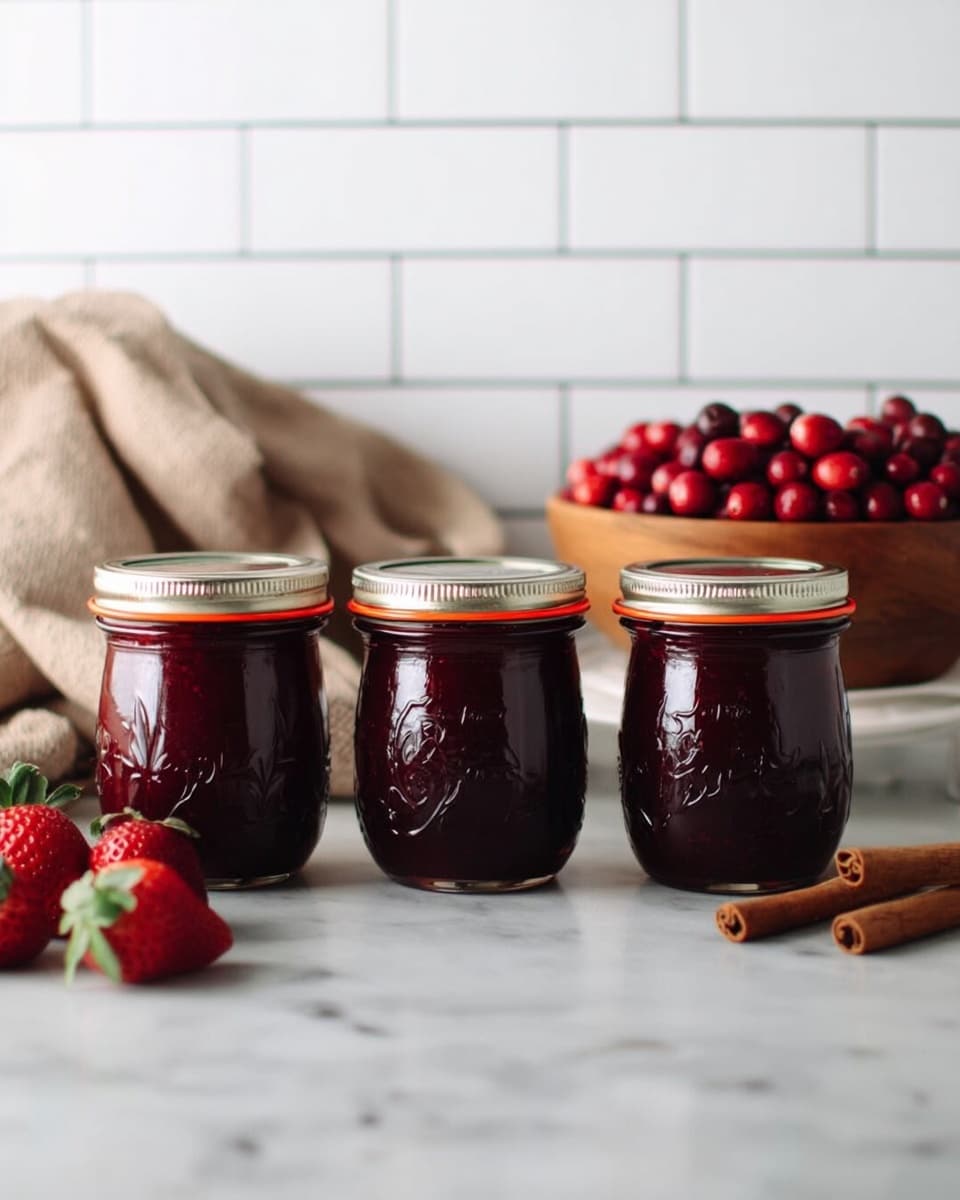Three clear glass jars filled with dark red jam are placed in a row on a white marbled surface, each jar sealed with a glass lid and an orange rubber ring. Behind the jars, a soft beige cloth is draped casually. To the right, a wooden bowl filled with bright red cranberries sits next to two fresh strawberries and two cinnamon sticks lying side by side. The background features white subway tiles, giving a clean, simple kitchen feel. photo taken with an iphone --ar 4:5 --v 7