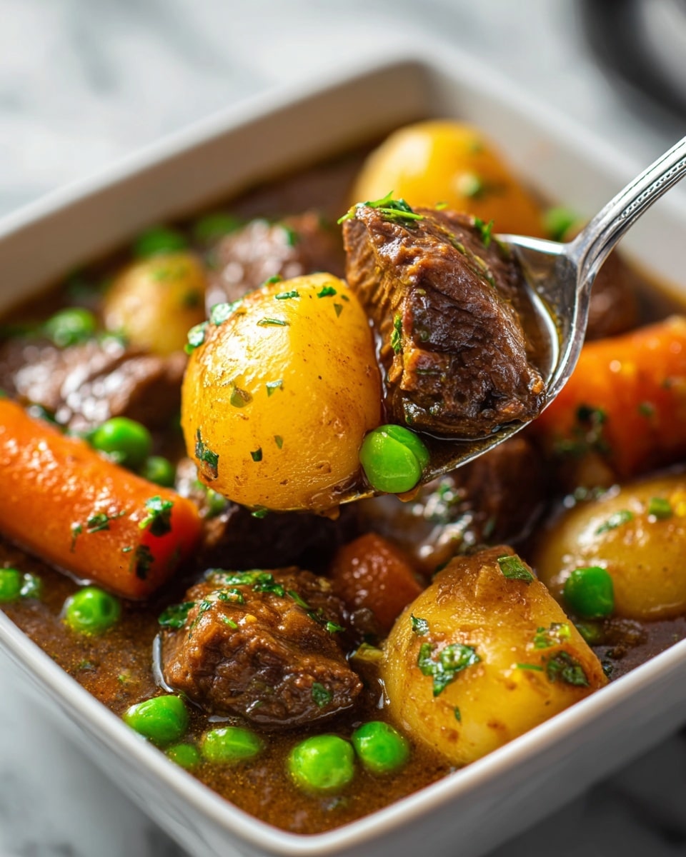 A close-up view of a hearty beef stew served in a white square bowl, placed on a white marbled surface. The dish has large, tender chunks of dark brown beef as the main layer, mixed with smooth, golden-yellow baby potatoes and thick, bright orange carrot pieces. Scattered bright green peas add pops of color throughout. The ingredients are coated in a rich, glossy brown sauce with hints of chopped green herbs sprinkled on top. A silver spoon lifting a portion shows a mix of beef, potato, and pea, highlighting the dish’s thick, juicy textures. Photo taken with an iphone --ar 4:5 --v 7