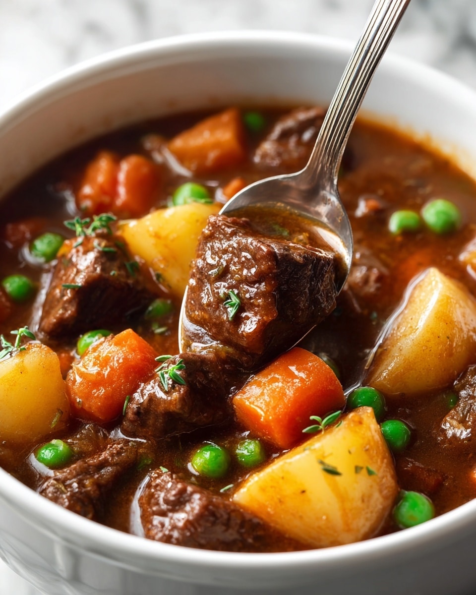 A close-up view of a white bowl filled with rich beef stew showing a thick brown broth as the base layer, filled with large chunks of dark brown tender beef, golden-yellow potato pieces, bright orange carrot cubes, and scattered vibrant green peas. The stew's glossy texture reflects light, highlighting the moistness of the meat and vegetables. A silver spoon dips into the bowl, lifting a piece of beef surrounded by potatoes and broth. The bowl sits on a white marbled surface with some small green herbs sprinkled on top for garnish. Photo taken with an iphone --ar 4:5 --v 7