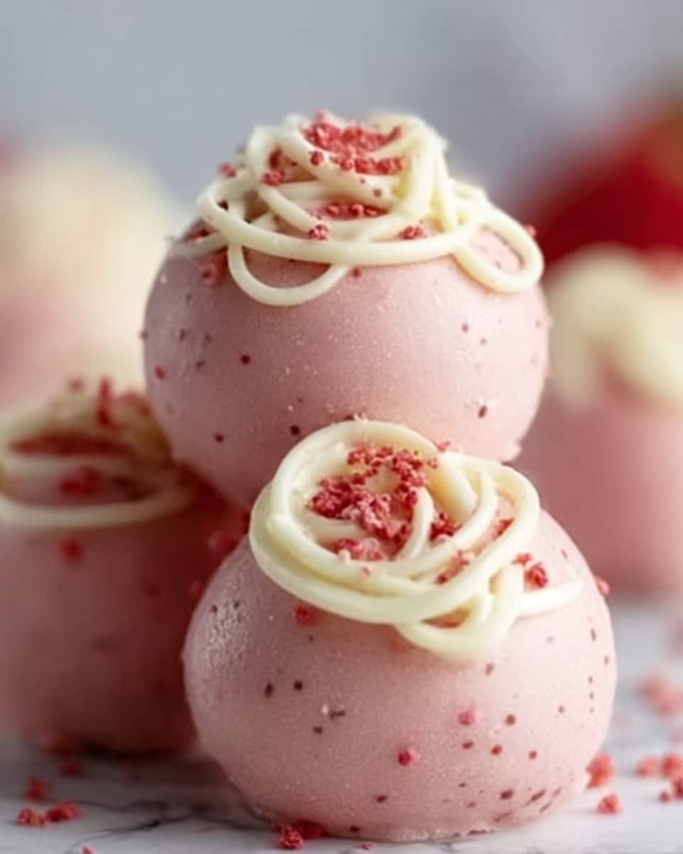 The image shows three round pink dessert balls stacked closely together on a white marbled surface. Each ball has a smooth and glossy texture with a few small dimples and is topped with delicate white chocolate curls and tiny red crumbs, adding contrast and detail. The soft pink color of the balls contrasts nicely with the bright white chocolate decorations and the white marbled background. The focus is sharp on the front dessert ball, while the others blur softly in the background, giving a sense of depth. Photo taken with an iphone --ar 4:5 --v 7