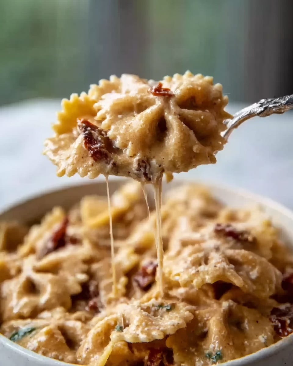 The image shows a close-up of a spoon lifting a piece of pasta shaped like a flower with a ruffled edge, covered in a creamy sauce with bits of sun-dried tomatoes. The pasta is light golden yellow, and the sauce is smooth and rich with a light beige color. In the background, more pasta pieces covered in the same sauce can be seen in a white bowl. The whole scene is set against a white marbled surface. Photo taken with an iphone --ar 4:5 --v 7