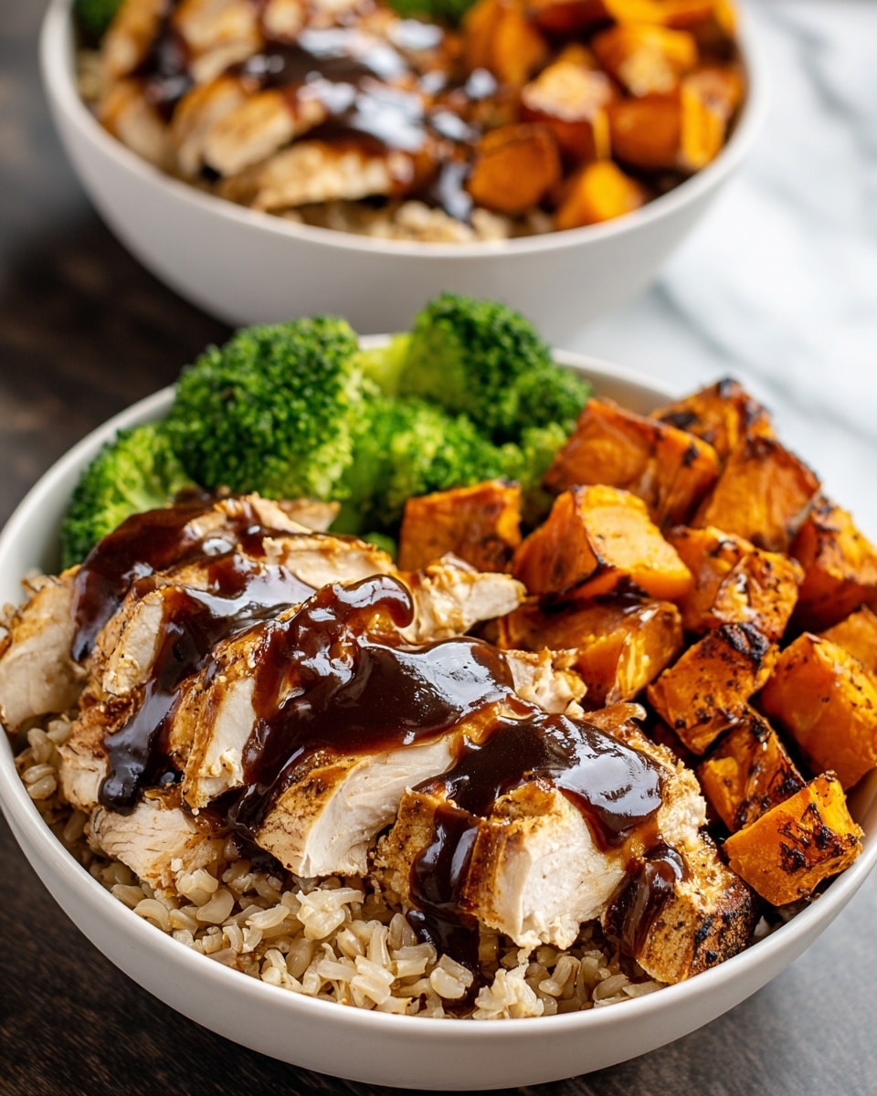 A white bowl filled with two main layers: the bottom layer consists of bright orange roasted sweet potato cubes with some charred edges, giving a slightly crispy texture, while the top layer is made of sliced grilled chicken breast, showing light golden brown sear marks. Both layers are generously drizzled with a thick, dark brown sauce that has a glossy finish, pooling slightly on the sweet potatoes and chicken. In the background, another bowl with similar contents and some green steamed broccoli is slightly blurred. The bowl is set on a white marbled surface. Photo taken with an iphone --ar 4:5 --v 7