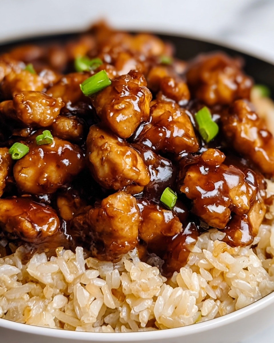 Close-up view of a dish with two layers: the bottom layer is light brown cooked rice with glossy, soft texture, and the top layer consists of small, glossy, golden-brown chicken pieces coated in a thick dark brown sauce. A few small green onion pieces are scattered on top, adding a touch of green contrast. The dish is presented in a white bowl sitting on a white marbled surface. photo taken with an iphone --ar 4:5 --v 7